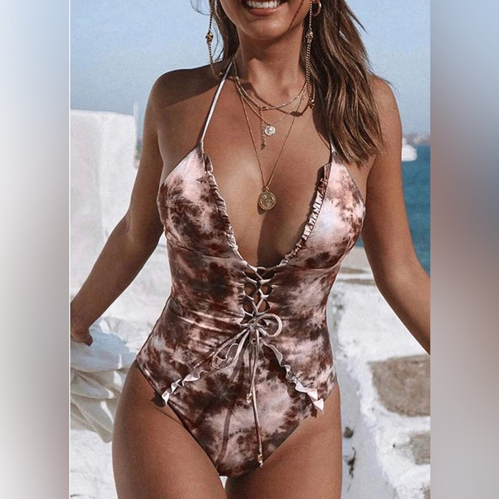 Lace-Up One-Piece Swimsuit in Brown Tie-Dye